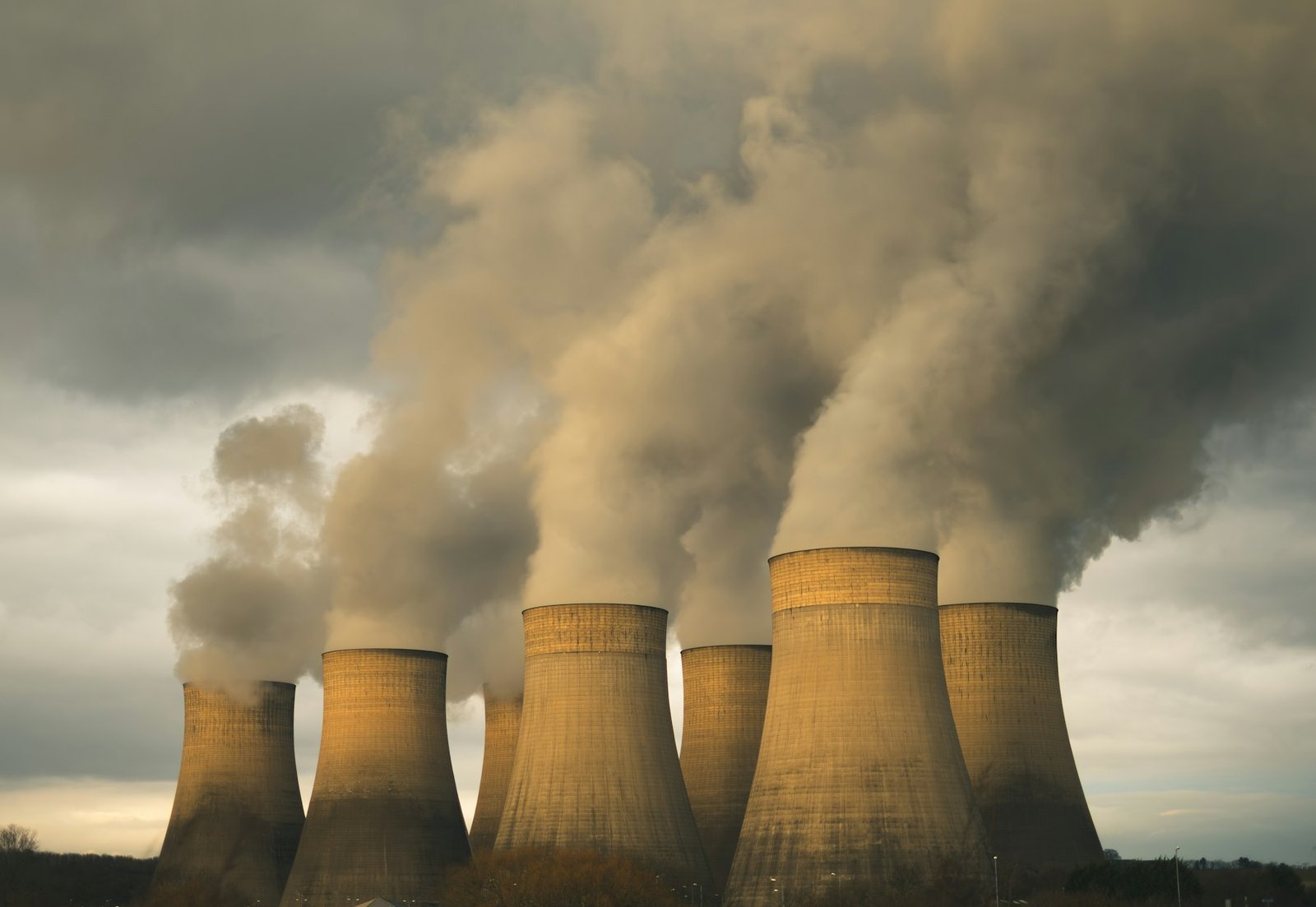 Cooling towers of a coal-fired power station venting steam under a heavy sky